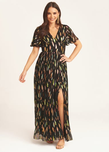 Gini London Black Multi Jacquard Angel Sleeves Maxi Dress