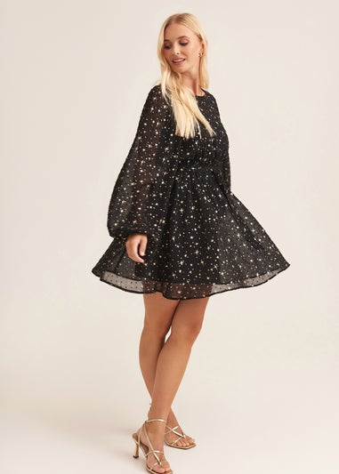 Gini London Black Star Print Long Sleeve Mini Dress