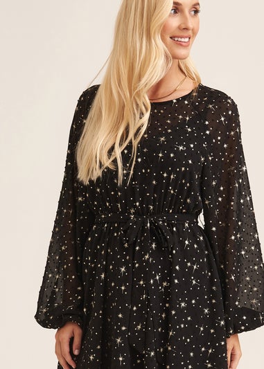 Gini London Black Star Print Long Sleeve Mini Dress