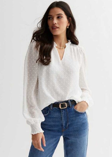 Gini London White Dobby Chiffon Frill Neck Blouse