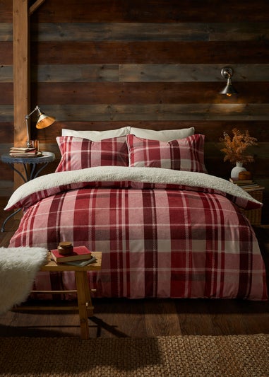 Fusion Snug Mulford Check Red Plush Duvet Cover Set