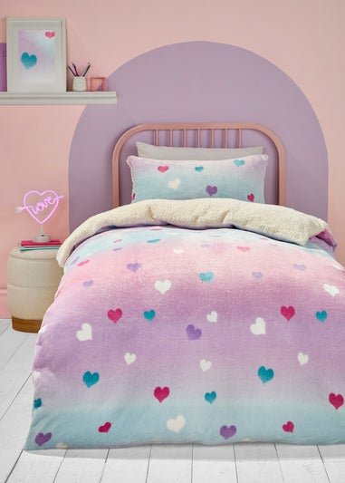 Bedlam Cosy Ombre Heart Pink Plush Duvet Cover Set