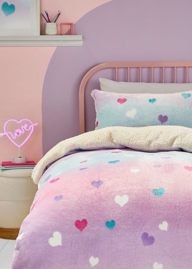 Bedlam Cosy Ombre Heart Pink Plush Duvet Cover Set