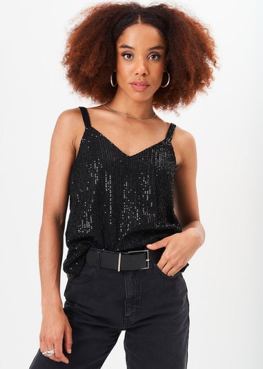 Gini London Black Sequin V Neck Cami Top