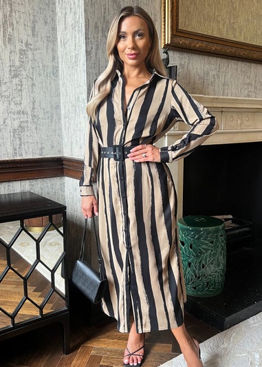 AX Paris Beige Striped Print Button Front Belted Shirt Midi Dress