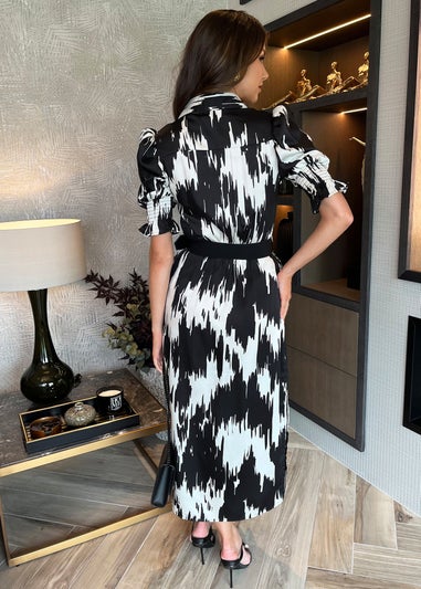 AX Paris Black And White Printed Short Sleeve Belted Shirt Midi Dress