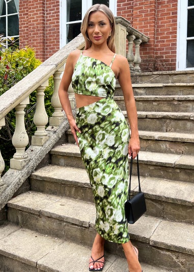 AX Paris Green Printed Asymmetric Cut Out Midi Dress