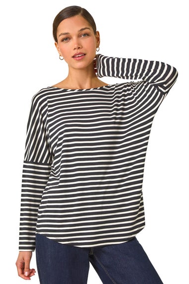 Roman Black Relaxed Stripe Print Long Sleeve Stretch Top