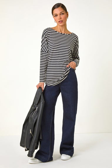 Roman Black Relaxed Stripe Print Long Sleeve Stretch Top