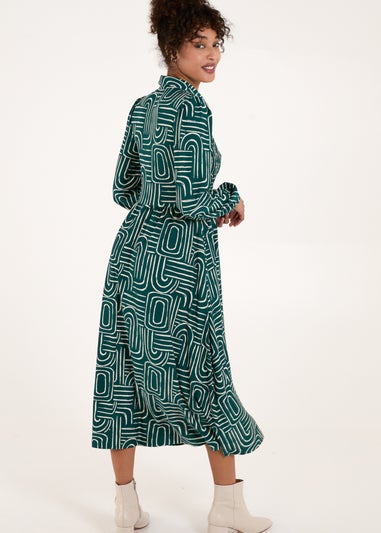 Blue Vanilla Green Shirred Bust Long Sleeve Shirt Midi Dress