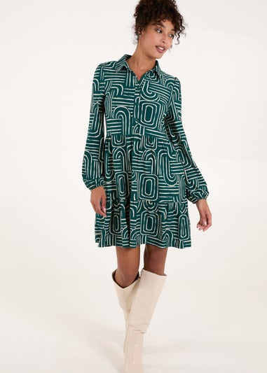 Blue Vanilla Green Button Front Smock Shirt Dress