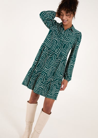 Blue Vanilla Green Button Front Smock Shirt Dress