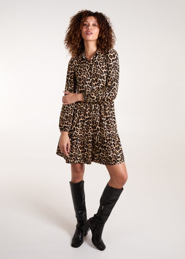 Blue Vanilla Brown Leopard Print Button Front Smock Dress