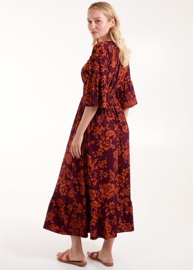 Blue Vanilla Burgundy Elasticated Neck Shirred Waist Midi Dress