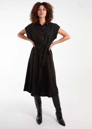 Blue Vanilla Black Button Front Midi Utility Shirt Dress