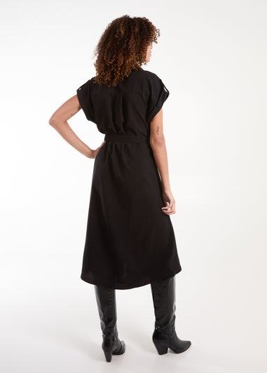 Blue Vanilla Black Button Front Midi Utility Shirt Dress