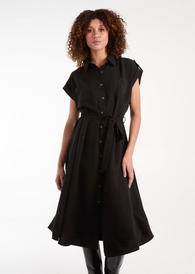 Blue Vanilla Black Button Front Midi Utility Shirt Dress