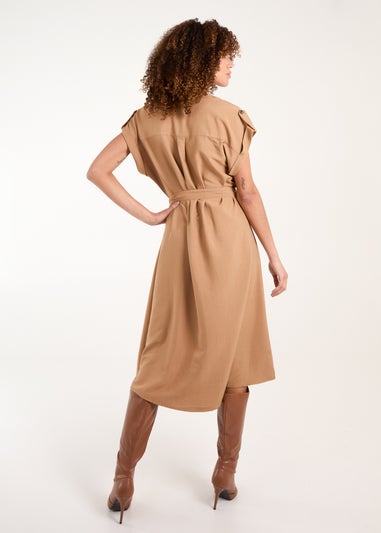 Blue Vanilla Tan Button Front Midi Utility Shirt Dress