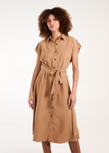 Blue Vanilla Tan Button Front Midi Utility Shirt Dress