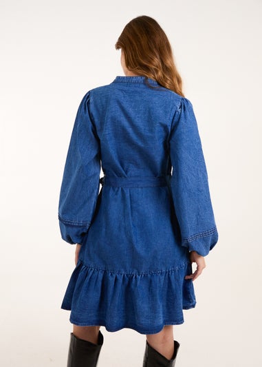 Blue Vanilla Denim Pintuck Belted Chambray Dress