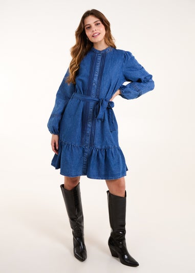 Blue Vanilla Denim Pintuck Belted Chambray Dress