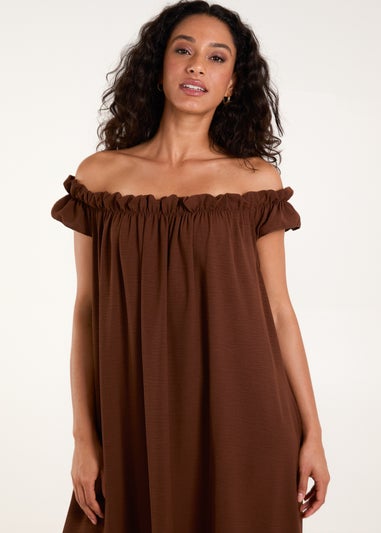 Blue Vanilla Brown Bardot Off Shoulder Maxi Dress