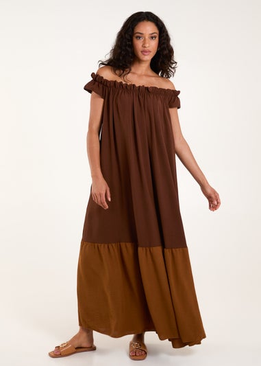 Blue Vanilla Brown Bardot Off Shoulder Maxi Dress