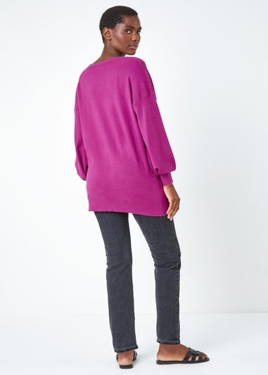 Roman Magenta Plain Stretch V-Neck Longline Jumper