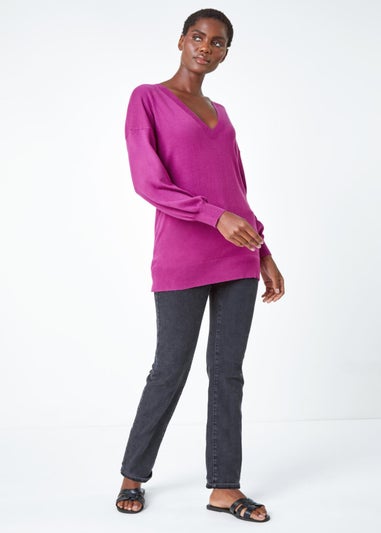 Roman Magenta Plain Stretch V-Neck Longline Jumper