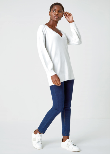 Roman Ivory Plain Stretch V-Neck Jumper