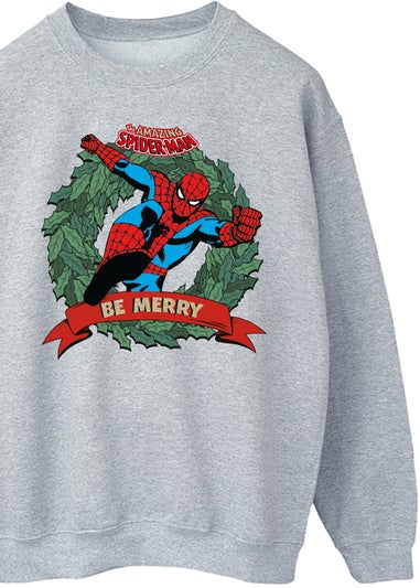 Marvel Spider-Man Be Merry Wreath Men Heather Grey Sweatshirt