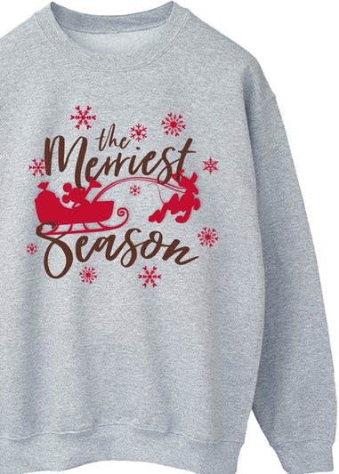 Disney Mickey Mouse Sleigh The Merriest Season Women Heather Grey Sweatshirt