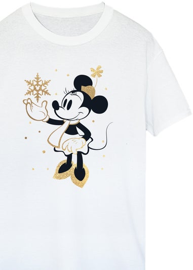 Disney Minnie Mouse Christmas Golden Snow Women White Boyfriend Fit T-Shirt