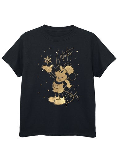 Disney Mickey Mouse Golden Winter Wishes Boys Black T-Shirt (3-13 Years)