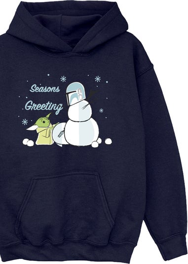 Star Wars Mandalorian Snowman Seasons Greeting Boys Navy Hoodie (3-13 Years)