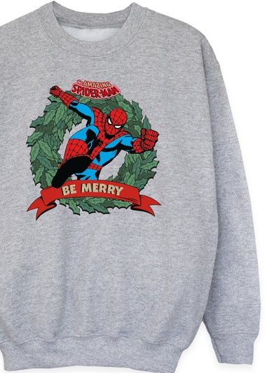 Marvel Spider-Man Be Merry Wreath Boys Heather Grey Sweatshirt (3-13 Years)