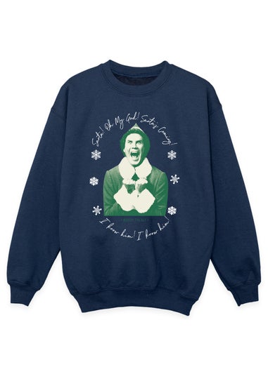 Elf Santa Coming Girls Navy Sweatshirt (3-13 Years)