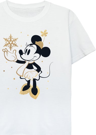 Disney Minnie Mouse Christmas Golden Snow Girls White T-Shirt (3-13 Years)