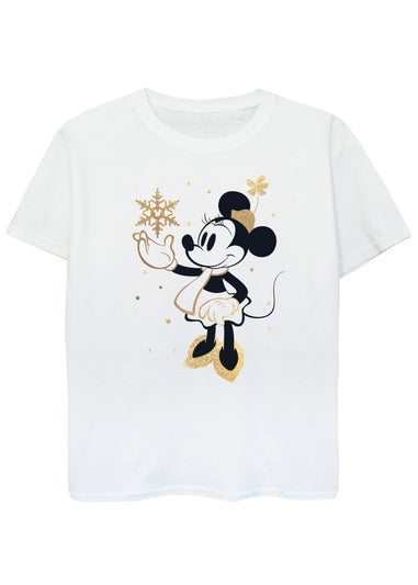 Disney Minnie Mouse Christmas Golden Snow Girls White T-Shirt (3-13 Years)