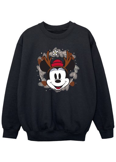 Disney Minnie Mouse Reindeer Wreath Girls Black Sweatshirt (3-13 Years)