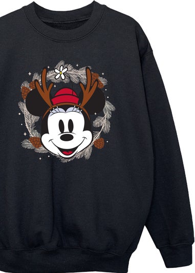 Disney Minnie Mouse Reindeer Wreath Girls Black Sweatshirt (3-13 Years)