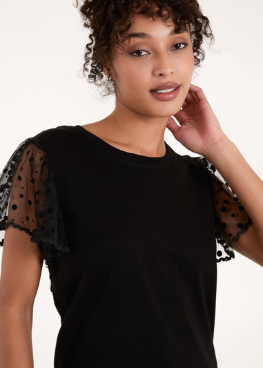 Blue Vanilla Black Polka Dot Mesh Sleeve T-Shirt