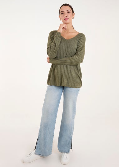 Blue Vanilla Khaki V-Neck Ribbed Jumper