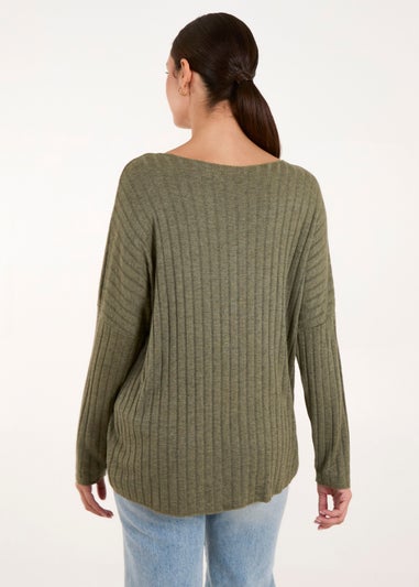 Blue Vanilla Khaki V-Neck Ribbed Jumper
