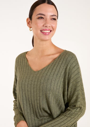 Blue Vanilla Khaki V-Neck Ribbed Jumper