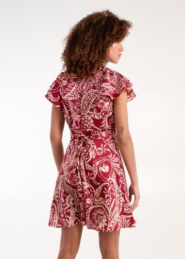 Blue Vanilla Burgundy Paisley Wrap Front Ruffle Sleeve Mini Dress