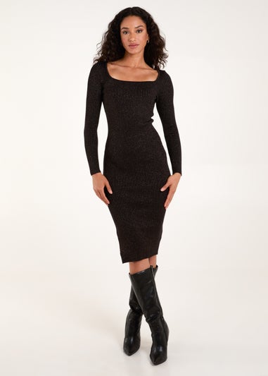 Blue Vanilla Bronze Knitted Sweetheart Neckline Ribbed Dress