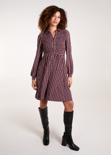 Blue Vanilla Red Shirred Bust Long Sleeve Mini Shirt Dress