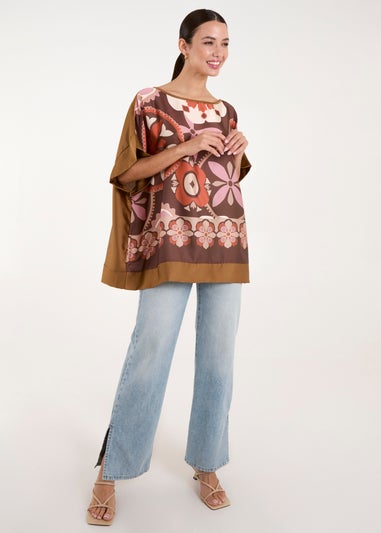 Blue Vanilla Brown Abstract Printed Satin Printed Oversized Top