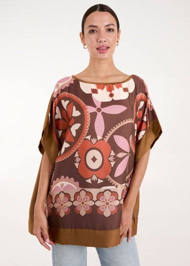 Blue Vanilla Brown Abstract Printed Satin Printed Oversized Top